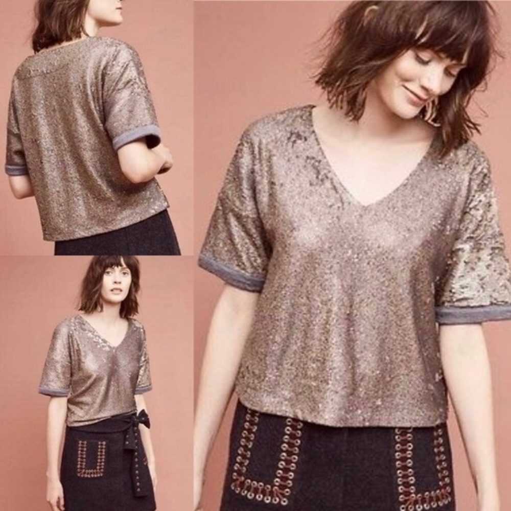 ANTHRO Deletta Reversible Sequin Burnished Gold Top $98 EUC M